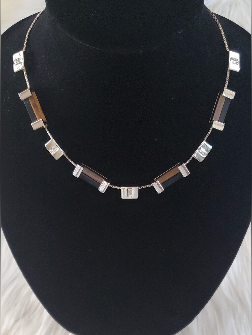 WHBM Silver Tone Geometric Bar Necklace Brown Black Stone | Modern Minimalist